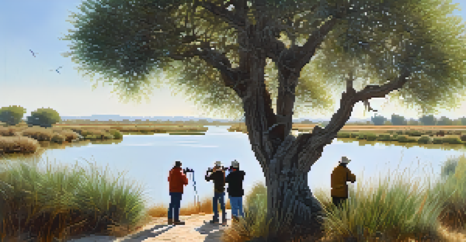 Tourists engaged in a birdwatching tour in the Ebro Delta, surrounded by lush wetlands and wildlife.