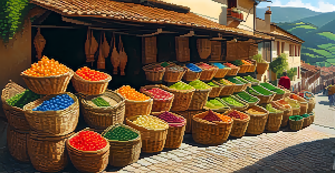 A colorful market in Asturias filled with various handwoven baskets made from natural materials, set against green hills and traditional buildings.