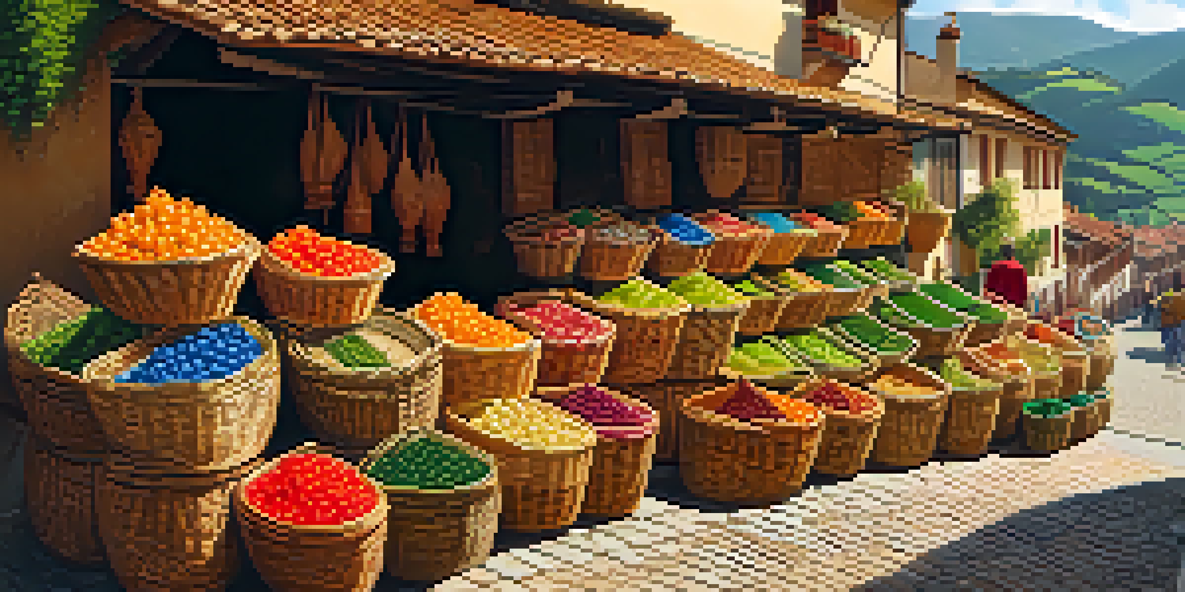 A colorful market in Asturias filled with various handwoven baskets made from natural materials, set against green hills and traditional buildings.