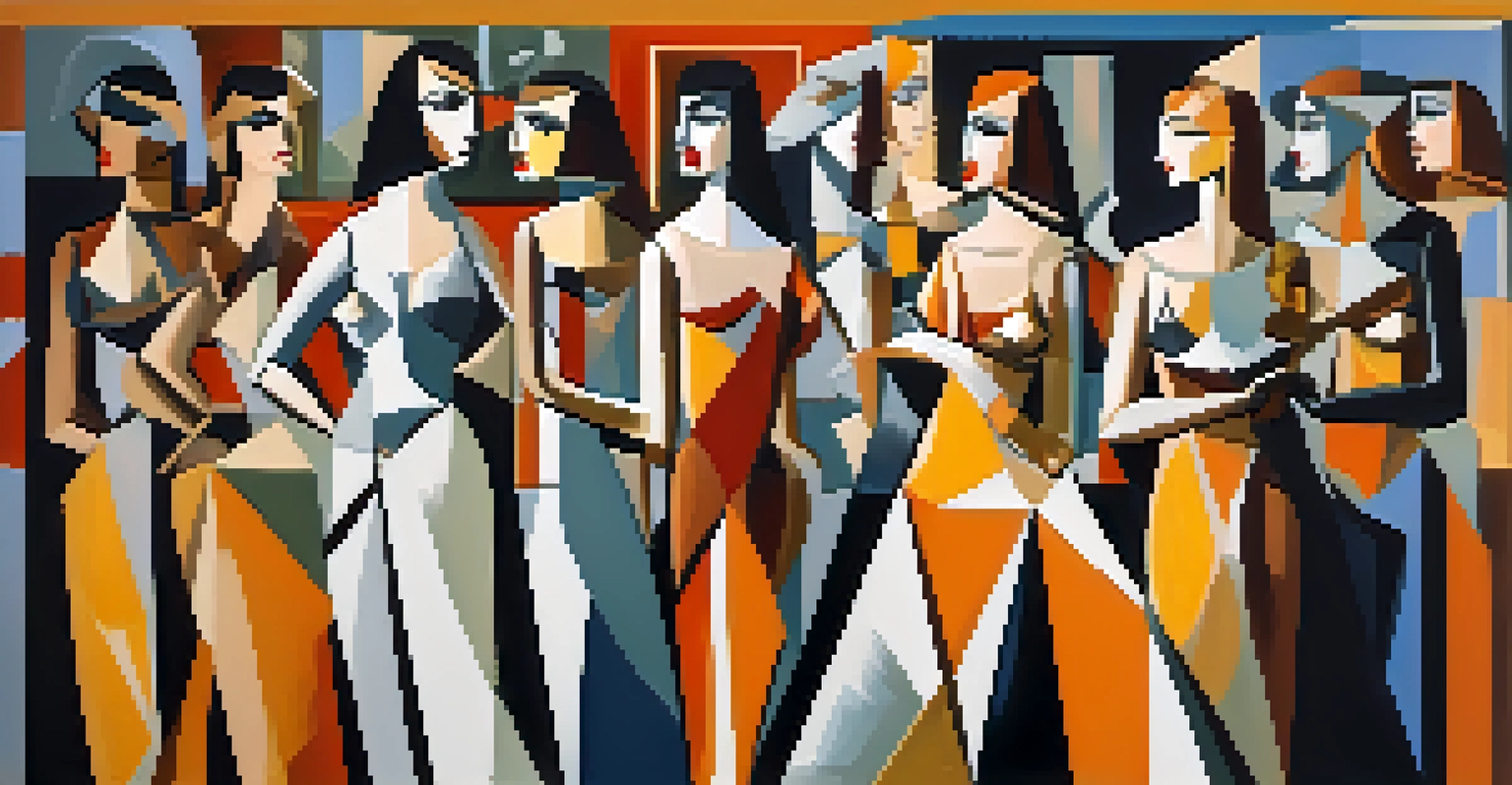 An artistic representation of Picasso's 'Les Demoiselles d'Avignon' with fragmented women and vibrant colors.