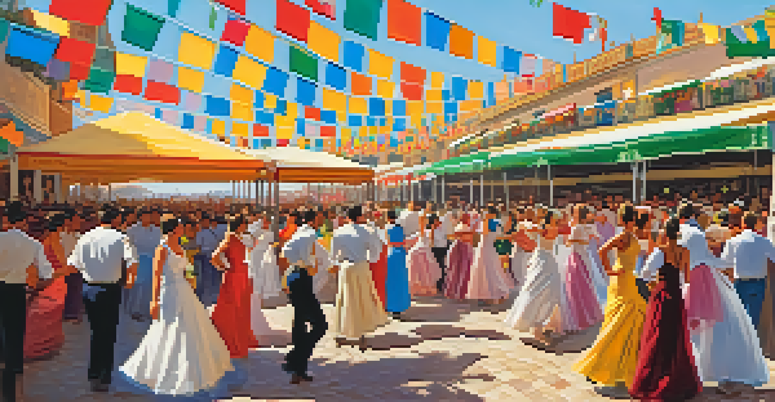 A colorful scene at the Feria de Abril in Sevilla, featuring dancers, horse parades, and festive tents.