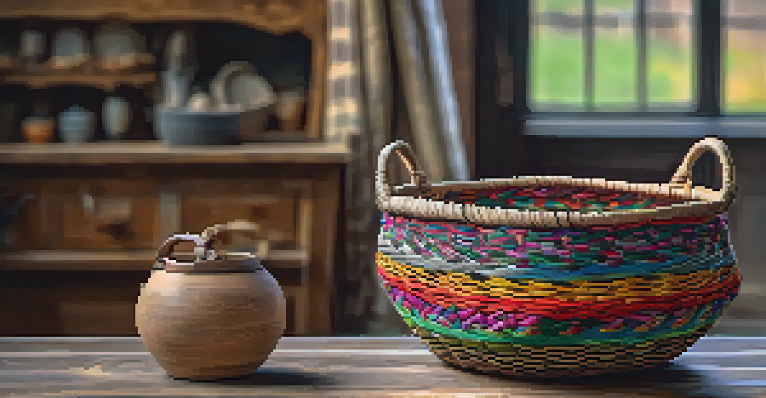 A decorative handwoven basket from Asturias on a wooden table, illuminated by soft natural light, with a blurred artisan workshop in the background.