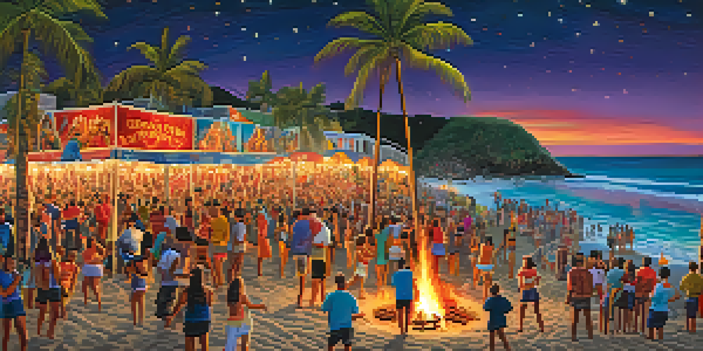 A lively beach scene at night with a bonfire and people celebrating Fiesta de San Juan, jumping over the flames and enjoying the festivities.