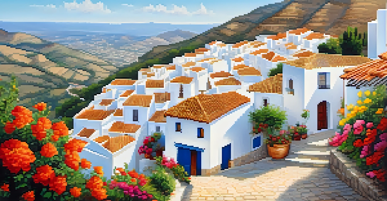 A picturesque Andalusian village with white buildings and colorful flowers, set against a backdrop of a beautiful gorge.