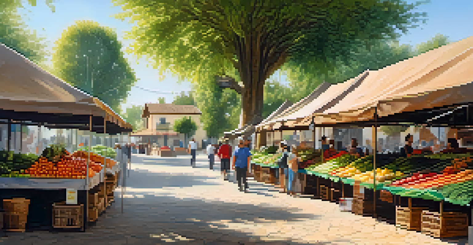 A serene market scene with farmers showcasing fresh produce in a lush green environment, emphasizing the connection to local agriculture.