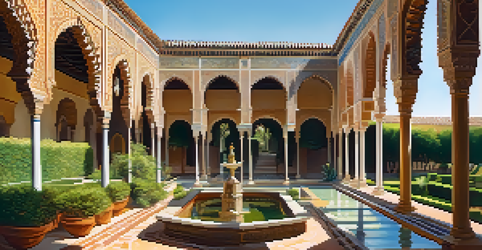 The Alcázar of Seville displaying a blend of Islamic and Christian architecture, surrounded by lush gardens and vibrant flowers.