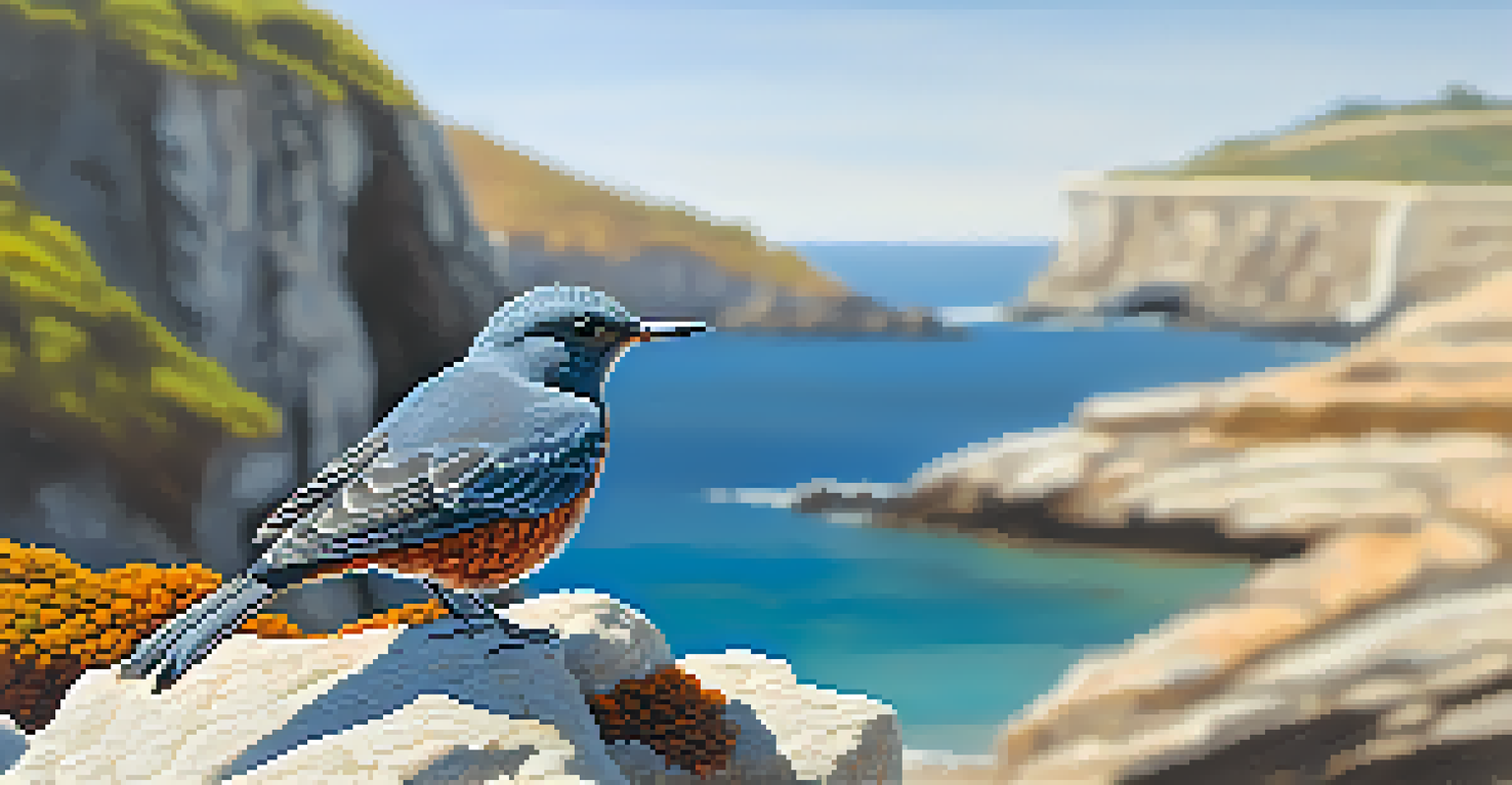 A blue rock thrush on a rocky ledge overlooking the ocean, showcasing the wildlife of Spain's coastal trails.