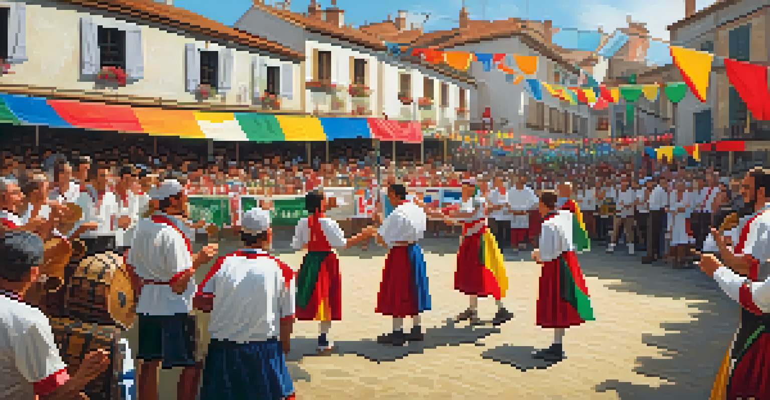 A joyful community gathering celebrating Basque Pelota, with colorful decorations and people enjoying music and food around a court.
