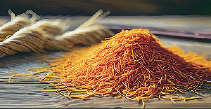 A close-up view of saffron threads on a wooden table with fields in the background.