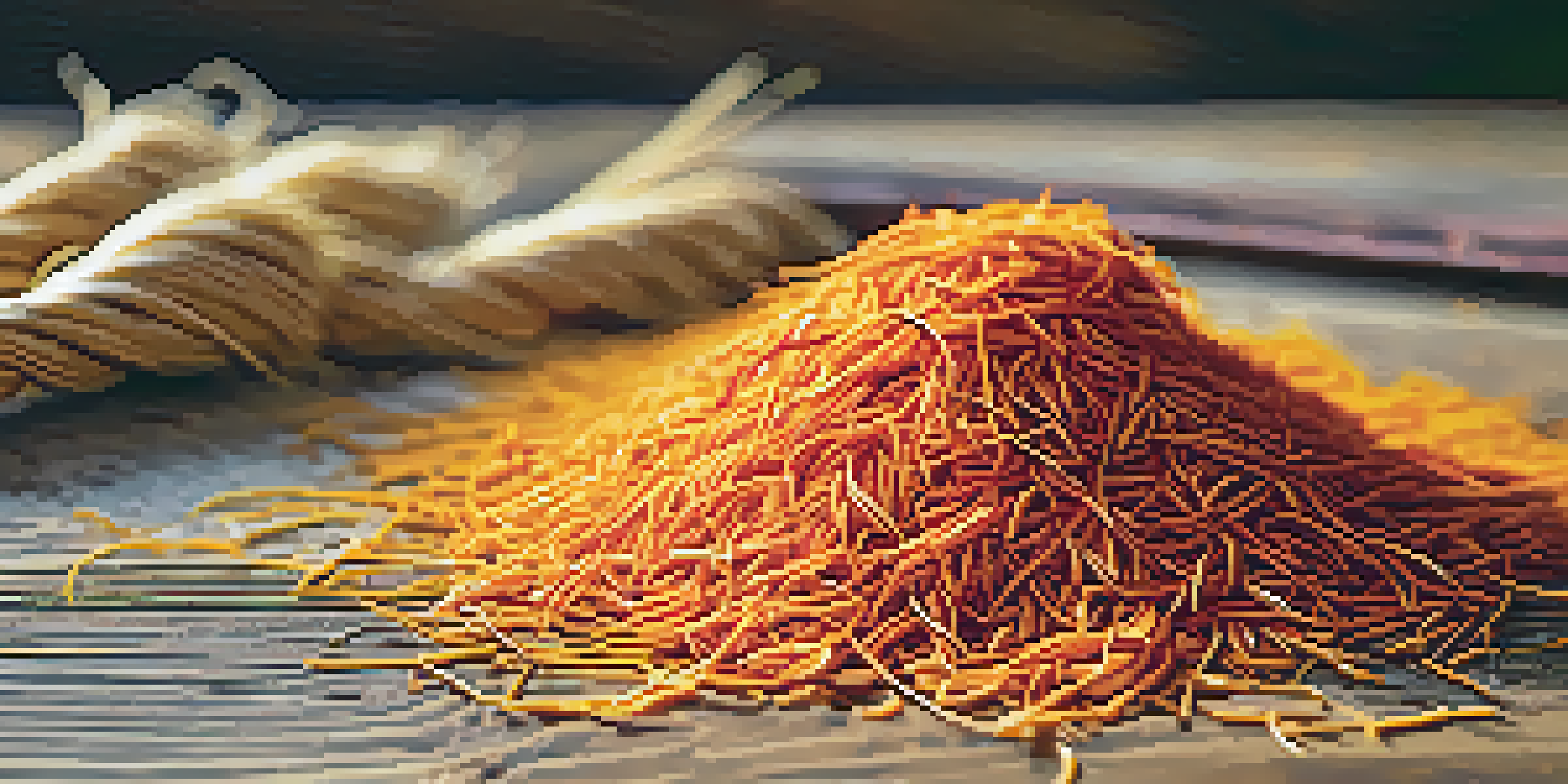 A close-up view of saffron threads on a wooden table with fields in the background.