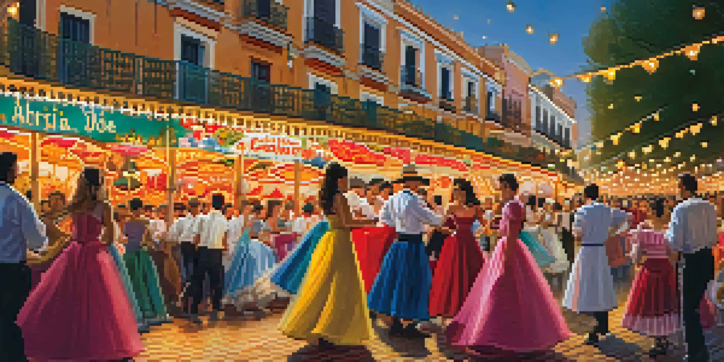 A lively festival scene in Sevilla with people dancing flamenco under colorful lights, traditional tents, and horse-drawn carriages.