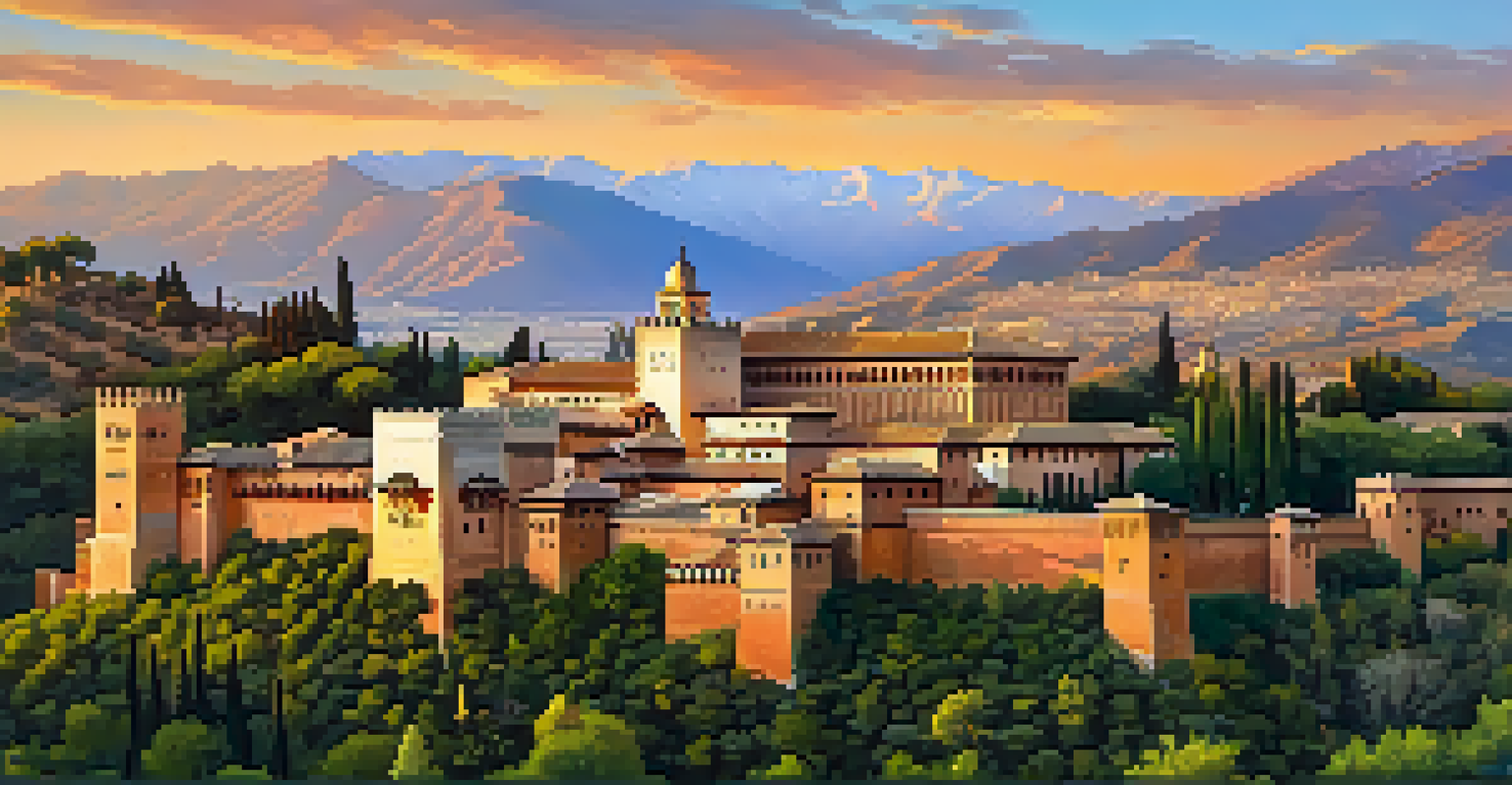 The Alhambra in Granada at sunset, showcasing its stunning architecture and gardens illuminated by golden light, with mountains in the background.