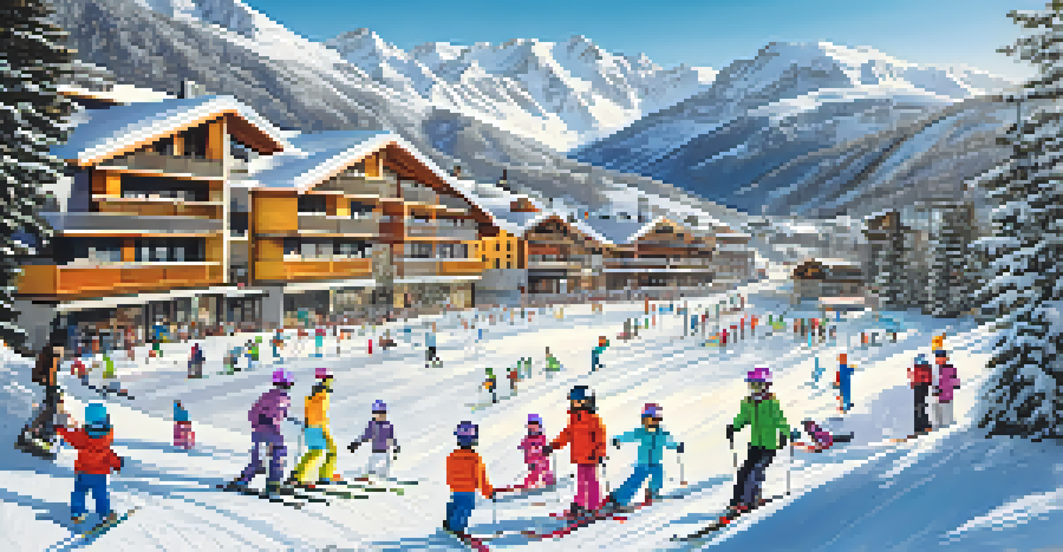 Children skiing on gentle slopes in a family-friendly ski resort, surrounded by snow and trees.