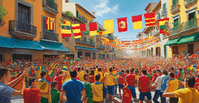 A lively gathering of Spanish football fans in a town square, celebrating with flags and team colors.
