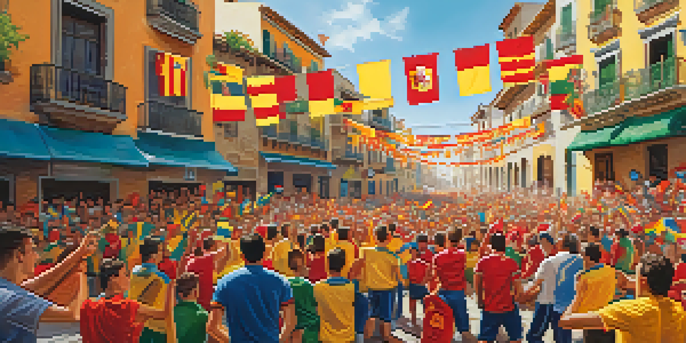 A lively gathering of Spanish football fans in a town square, celebrating with flags and team colors.