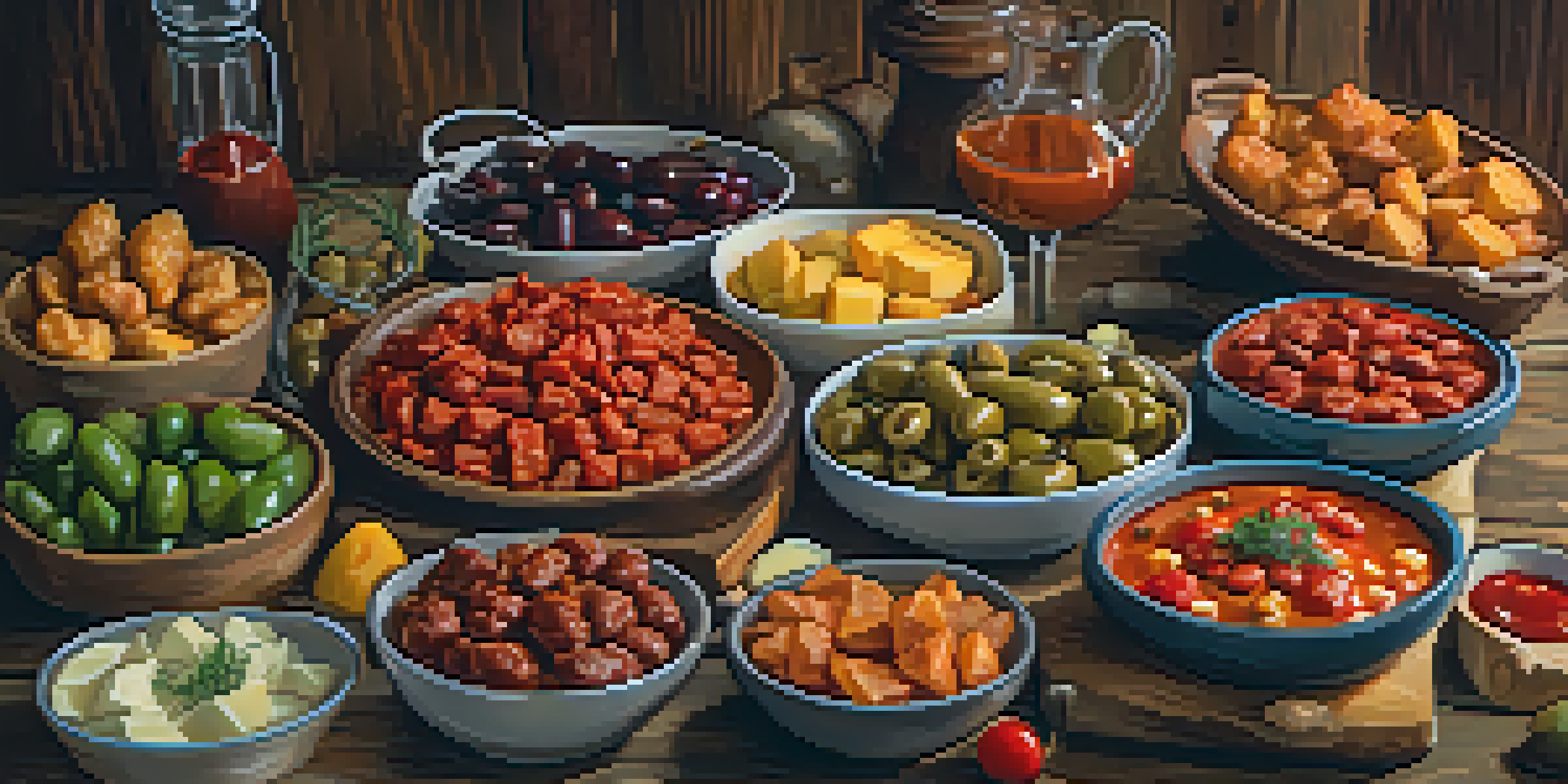 A table filled with various colorful tapas dishes, including potatoes, olives, and chorizo, arranged on rustic wood.