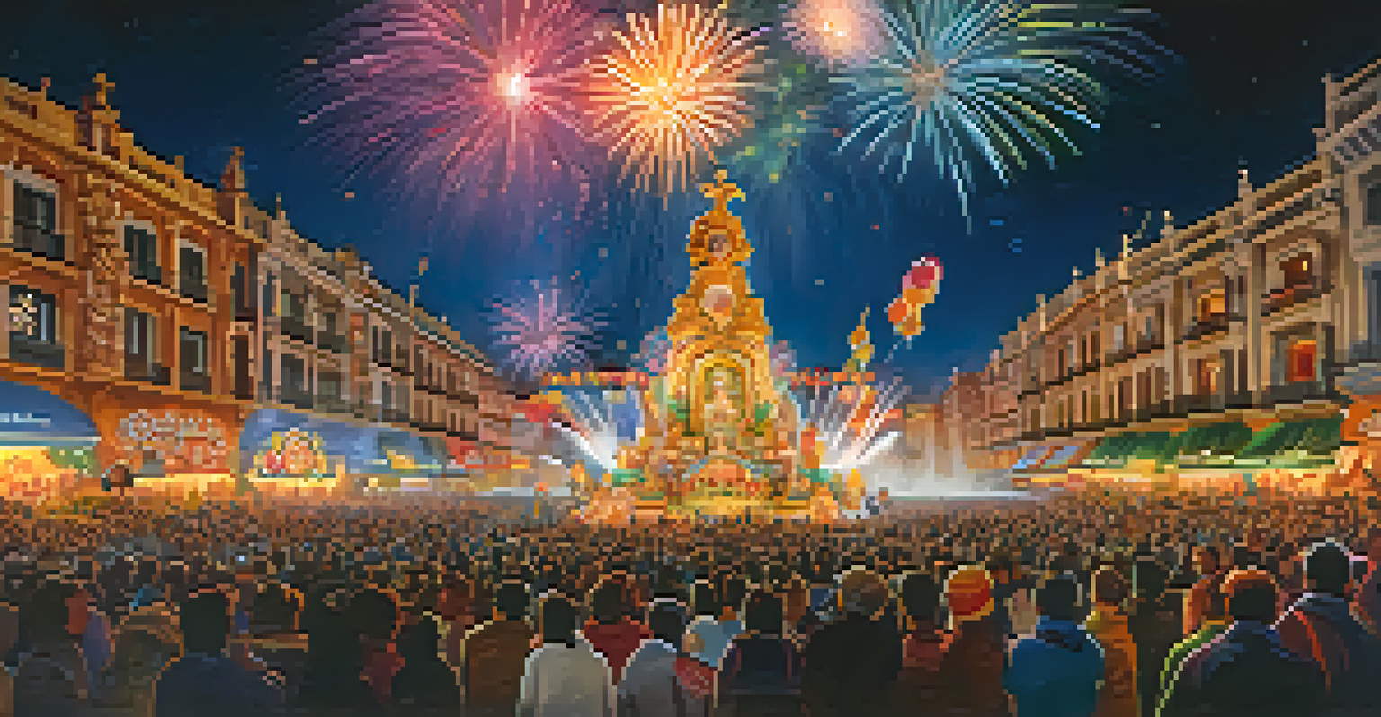 A stunning nighttime view of the Las Fallas festival, featuring fireworks lighting up the sky above colorful sculptures and celebrating crowds.