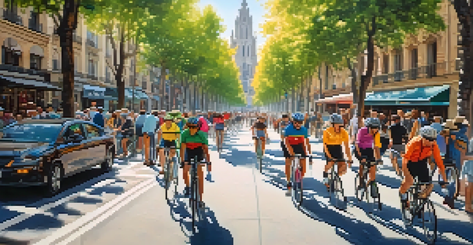 A lively street in Barcelona where many cyclists are riding in a dedicated bike lane surrounded by flowers and trees, with a sunny atmosphere.
