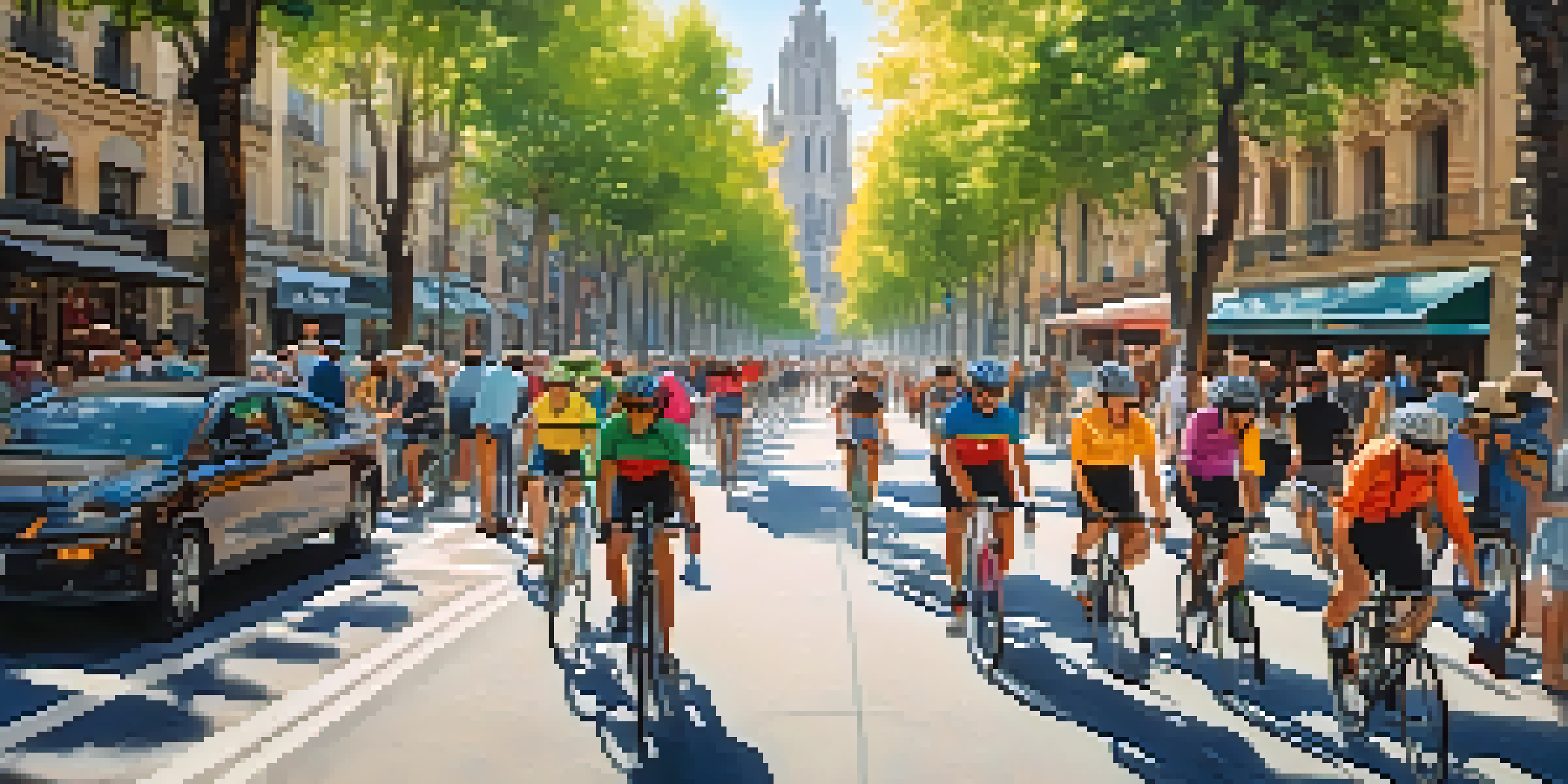 A lively street in Barcelona where many cyclists are riding in a dedicated bike lane surrounded by flowers and trees, with a sunny atmosphere.