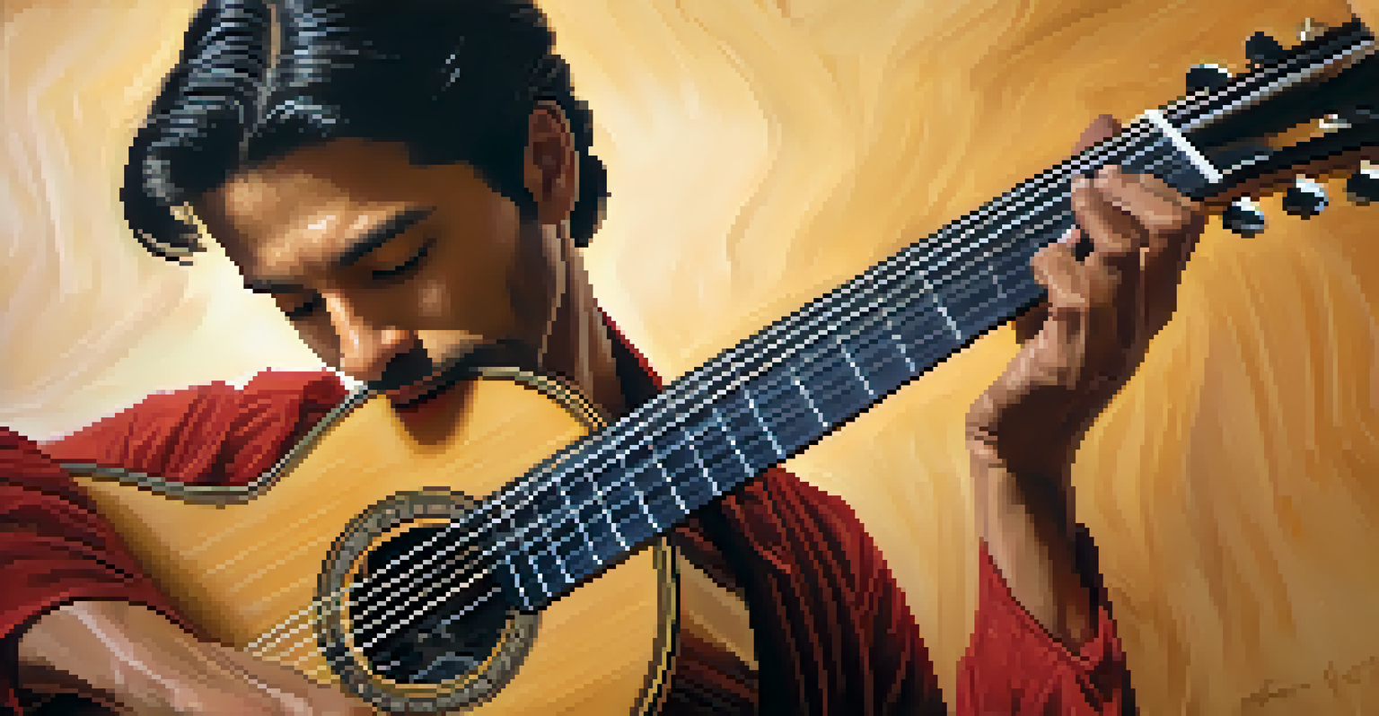 A close-up of a Flamenco guitarist passionately playing their guitar, with focus on the instrument and musician's expression.