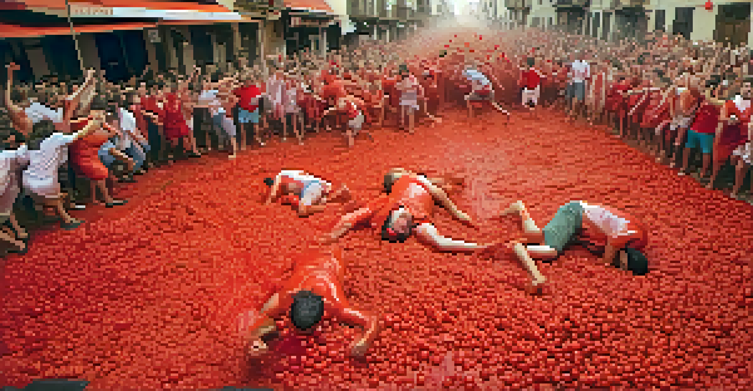 An aerial view of participants enjoying the La Tomatina tomato fight in a lively town.