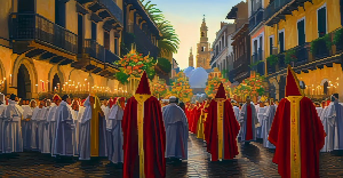 A colorful Semana Santa procession with adorned floats and participants in traditional robes, set on a cobblestone street under warm evening light.