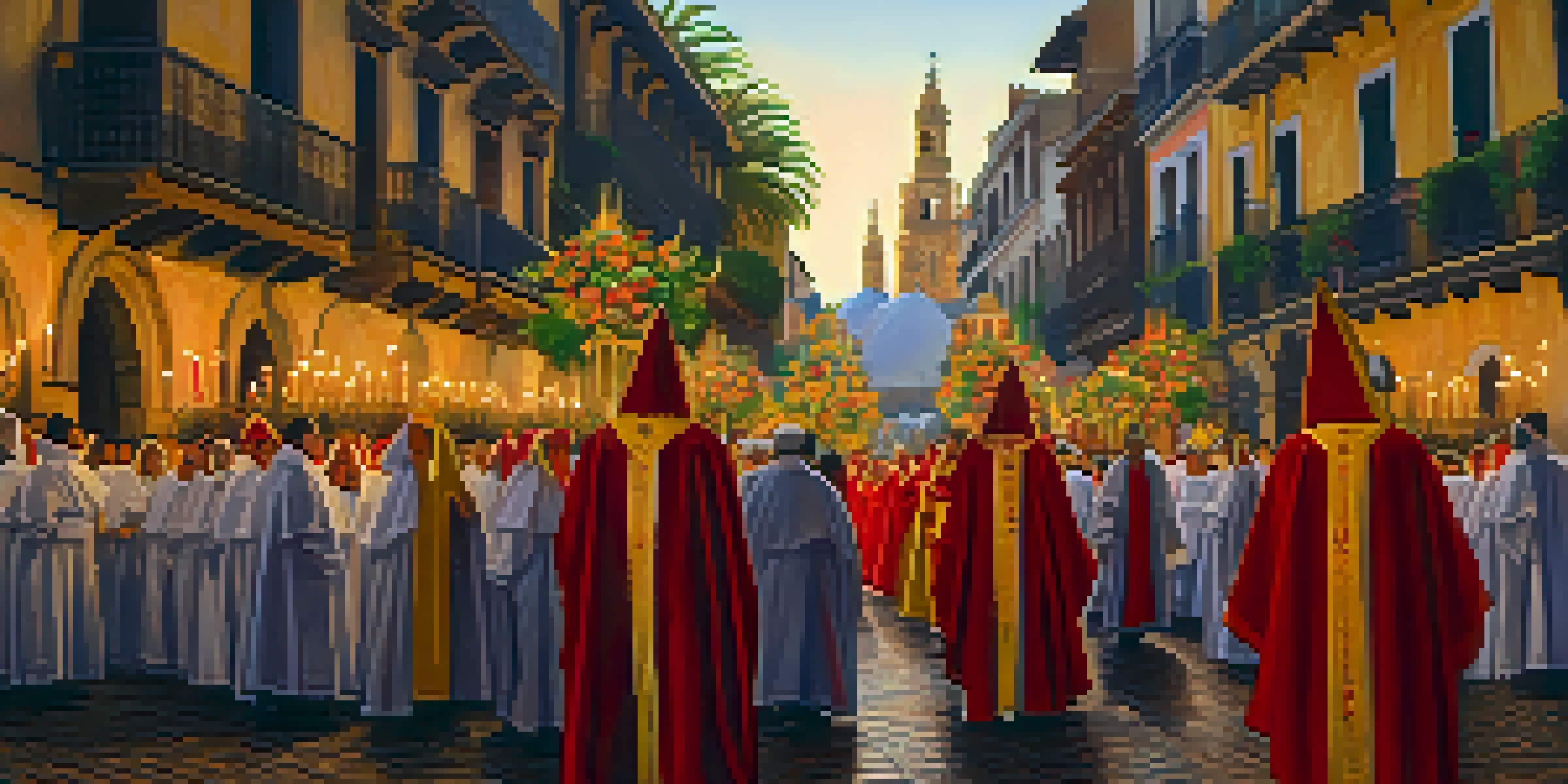 A colorful Semana Santa procession with adorned floats and participants in traditional robes, set on a cobblestone street under warm evening light.