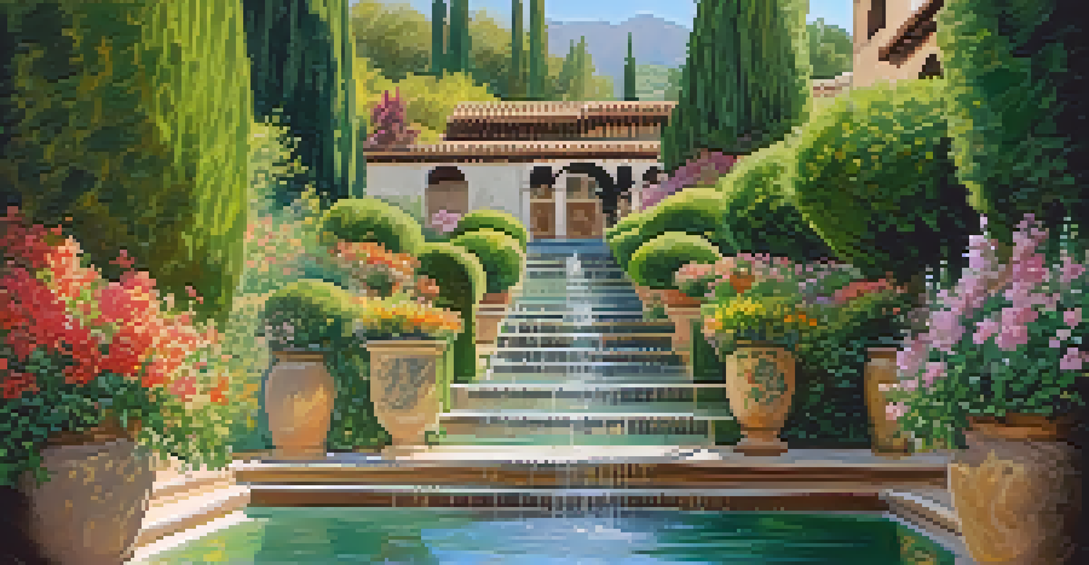 The Water Stairway in the Generalife gardens, showcasing cascading fountains and vibrant plant life in a serene setting.