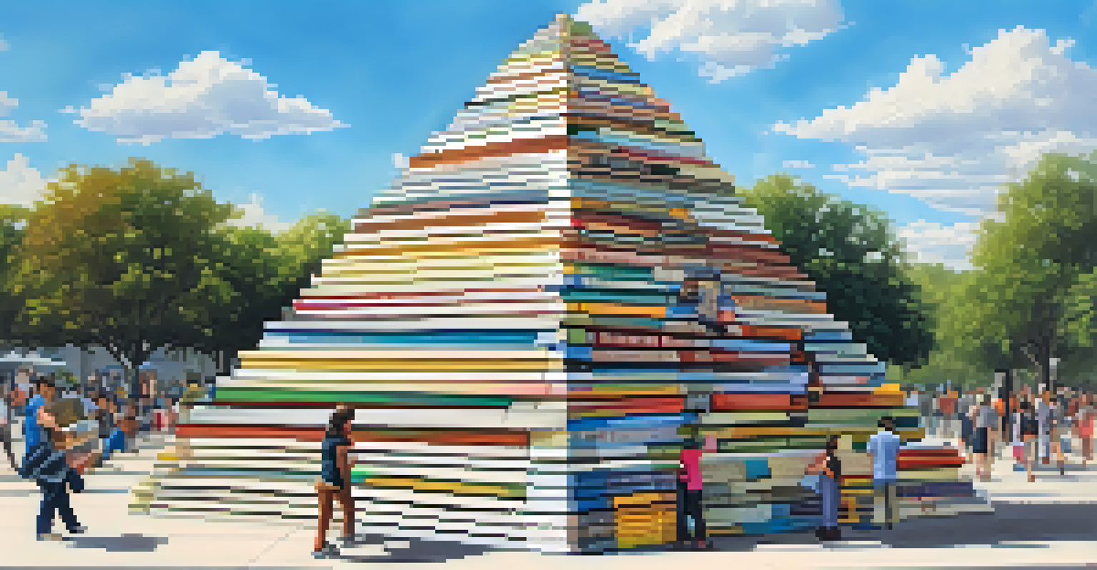A colorful installation of banned books in a public square, with people interacting with the art.