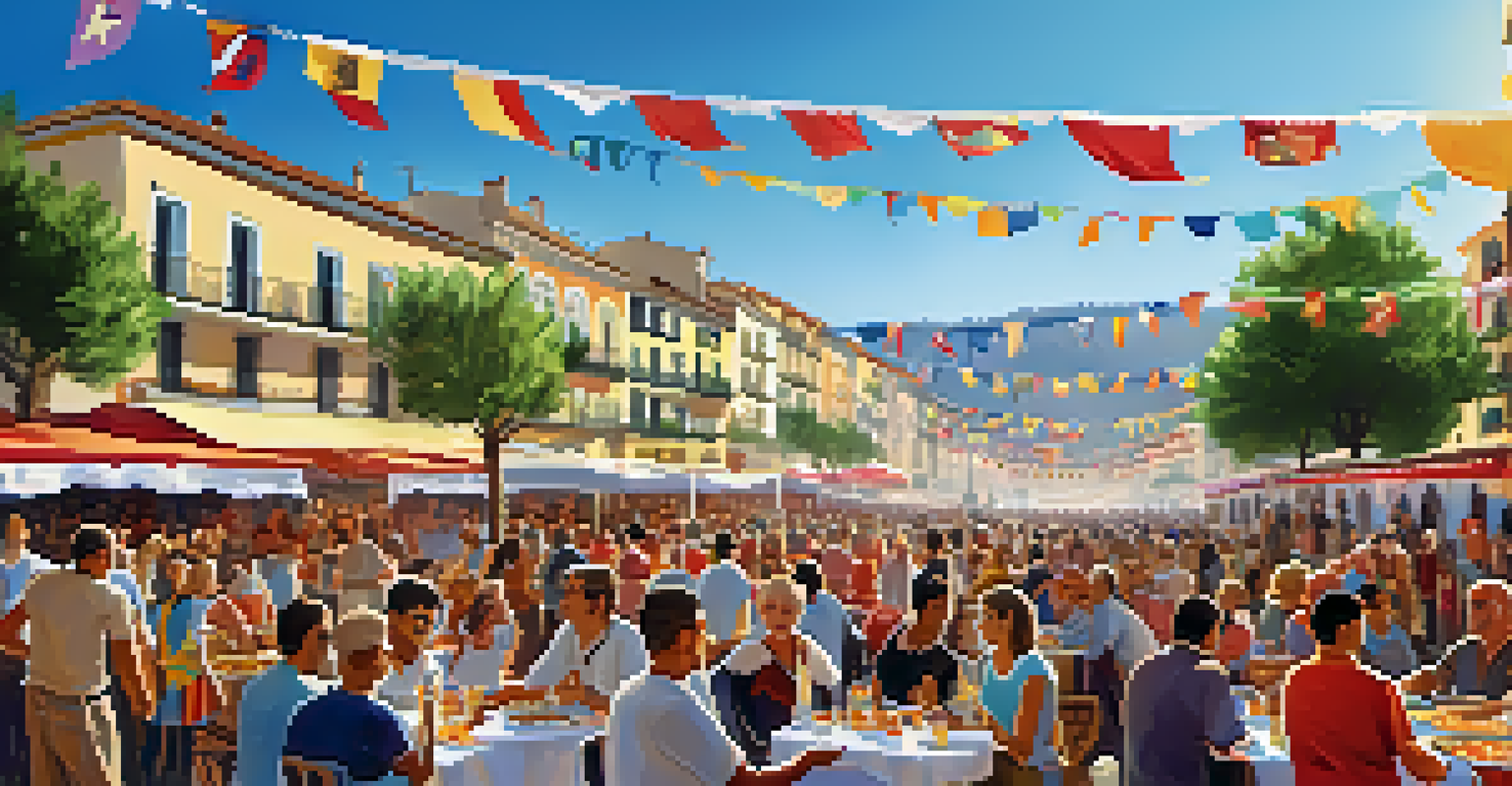 A vibrant food festival in Spain with people enjoying paella and live music.