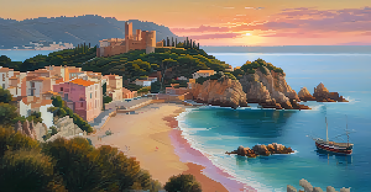 The coastline of Costa Brava at sunset with cliffs, a medieval castle, and fishing boats on the water under a colorful sky.