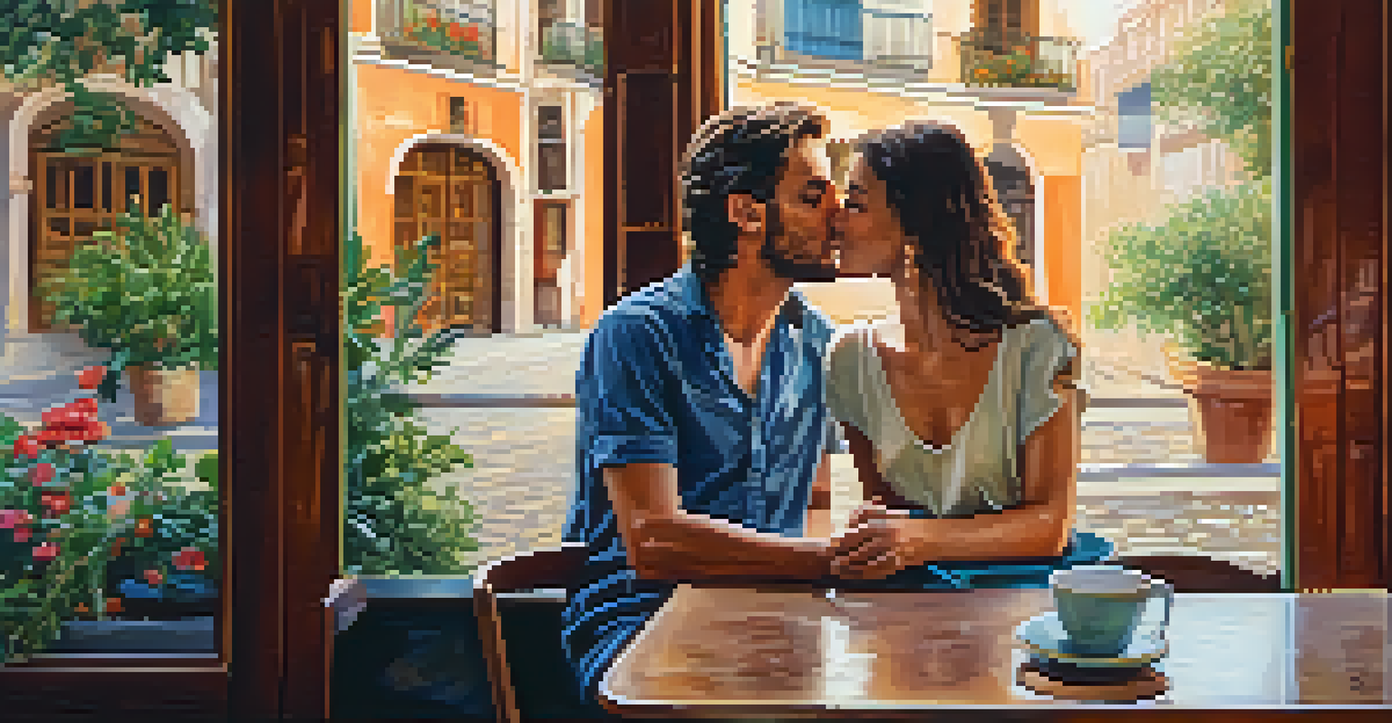 Two people greeting each other with a kiss on the cheek in a cozy Spanish café filled with traditional decor.