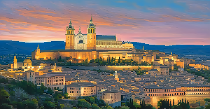 A beautiful sunset view of Toledo, highlighting the Cathedral and Alcázar, with winding streets.