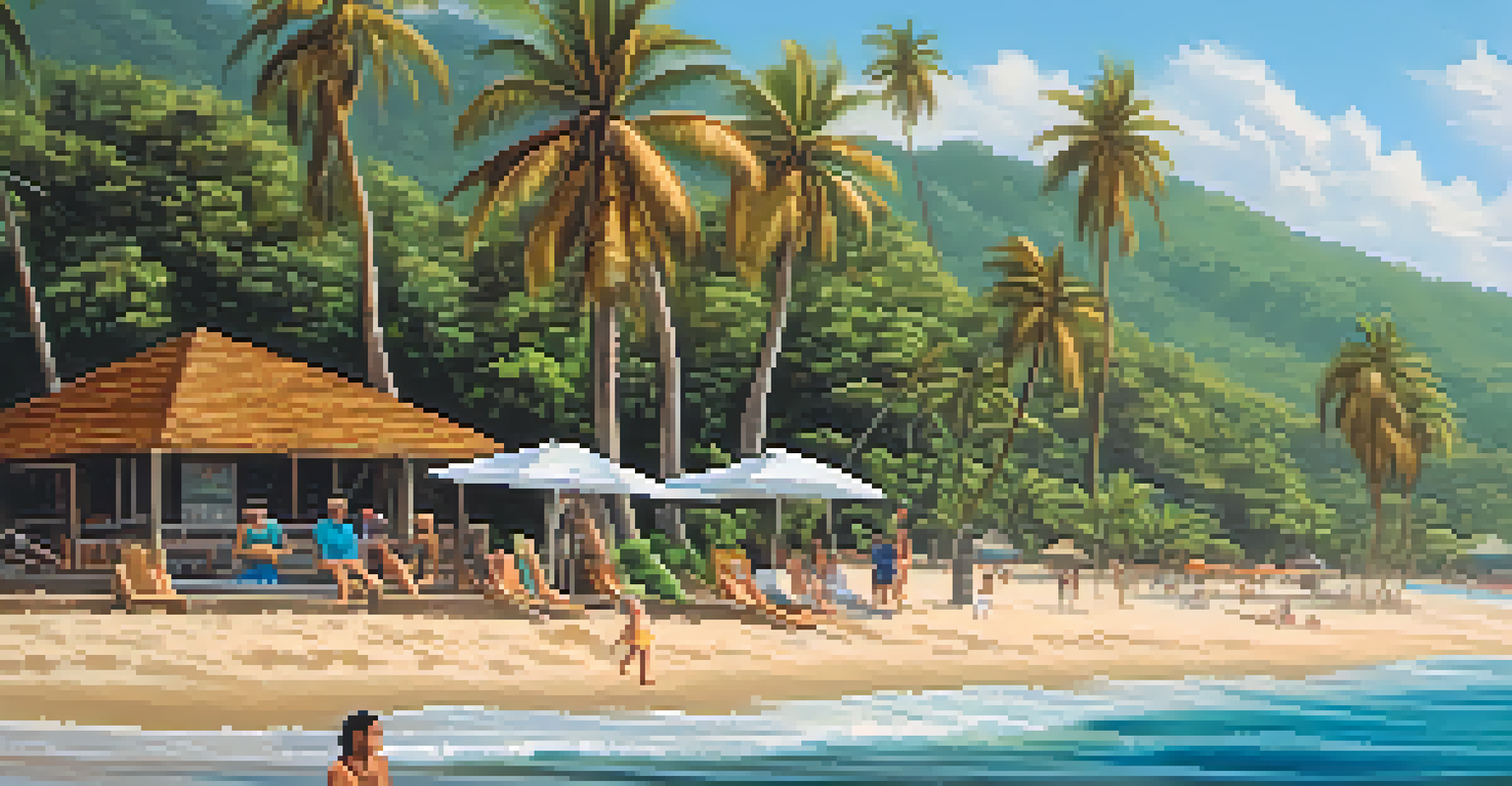 A language student learning Spanish with a local family at a beach in Costa Rica, with palm trees and the ocean in the background.