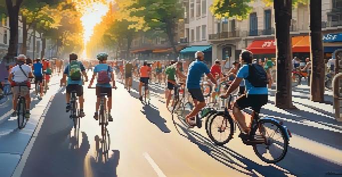 A busy bike lane in Barcelona with cyclists, colorful buildings, and a bike rental station during sunset.