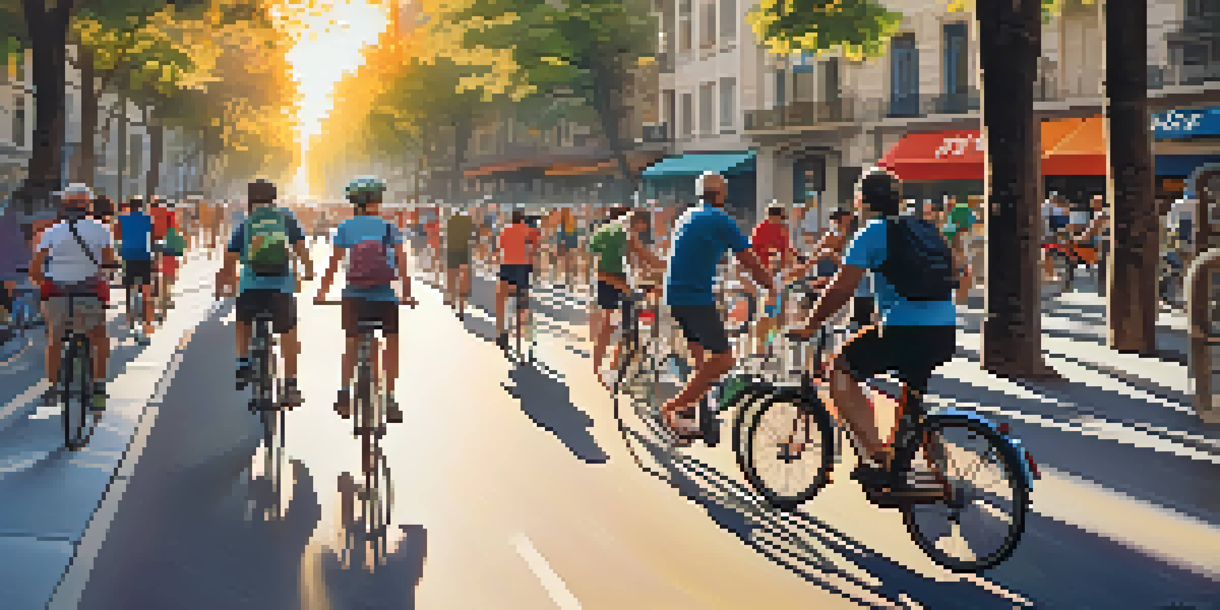 A busy bike lane in Barcelona with cyclists, colorful buildings, and a bike rental station during sunset.