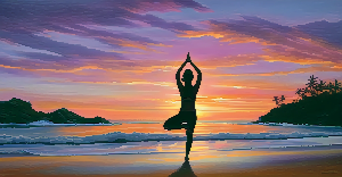 A silhouette of a person practicing yoga on a beach during sunset, with colorful skies and gentle waves in the background.