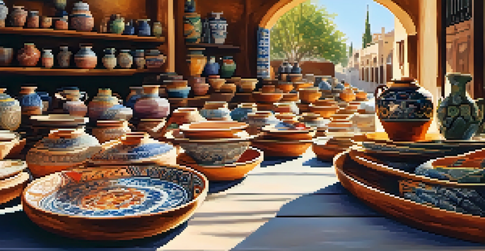 A lively pottery market in Seville with colorful ceramics and artisans interacting with visitors.