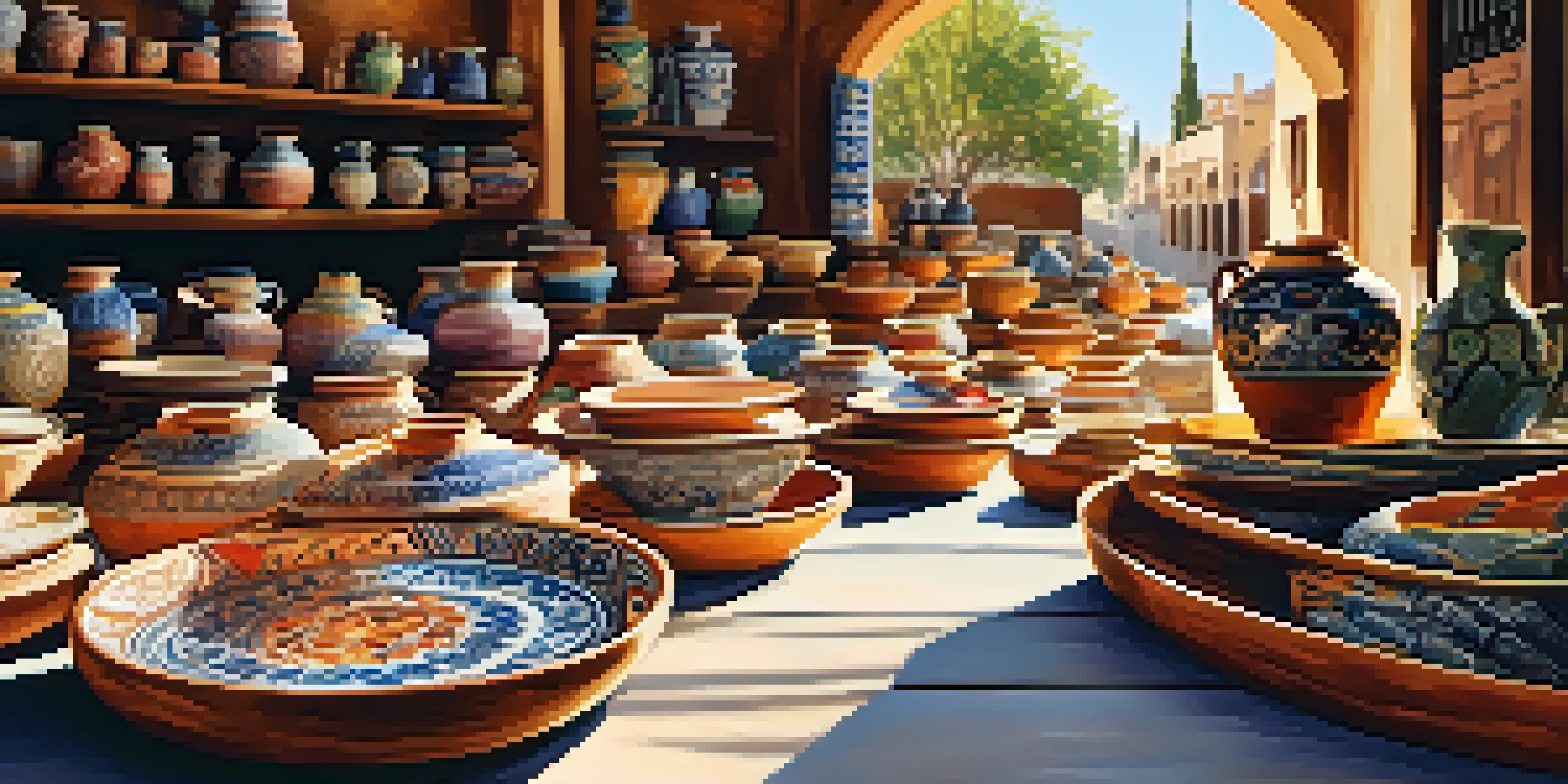 A lively pottery market in Seville with colorful ceramics and artisans interacting with visitors.