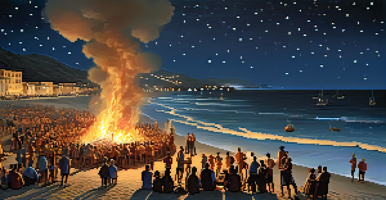 A night scene on a beach in northern Spain during the Feast of San Juan, featuring bonfires and people celebrating.