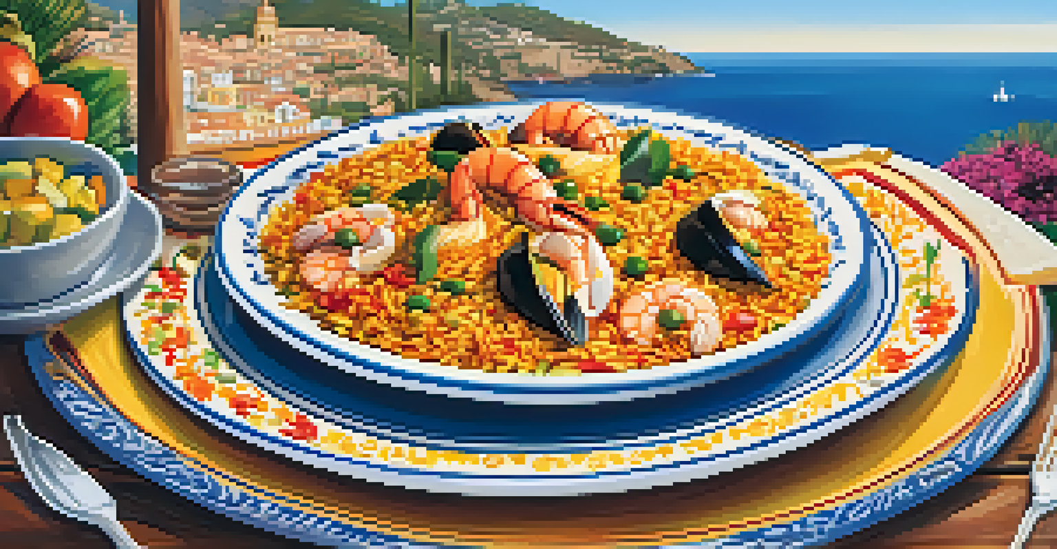A plate of Valencian paella with seafood and vegetables, served on a sunny terrace with a picturesque Mediterranean view.