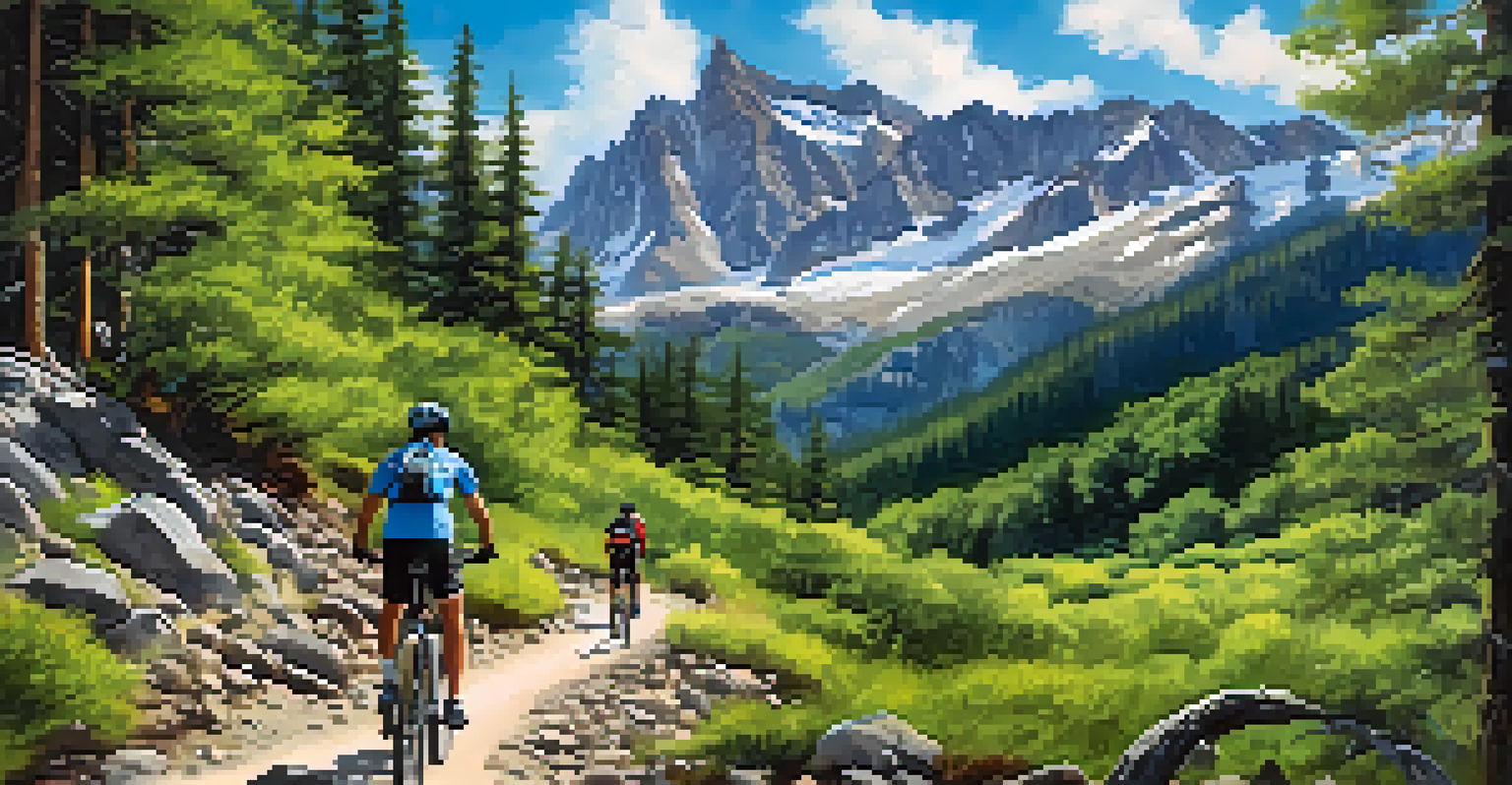 A cyclist on a winding mountain trail in the Sierra Nevada, surrounded by peaks and forests under a blue sky.