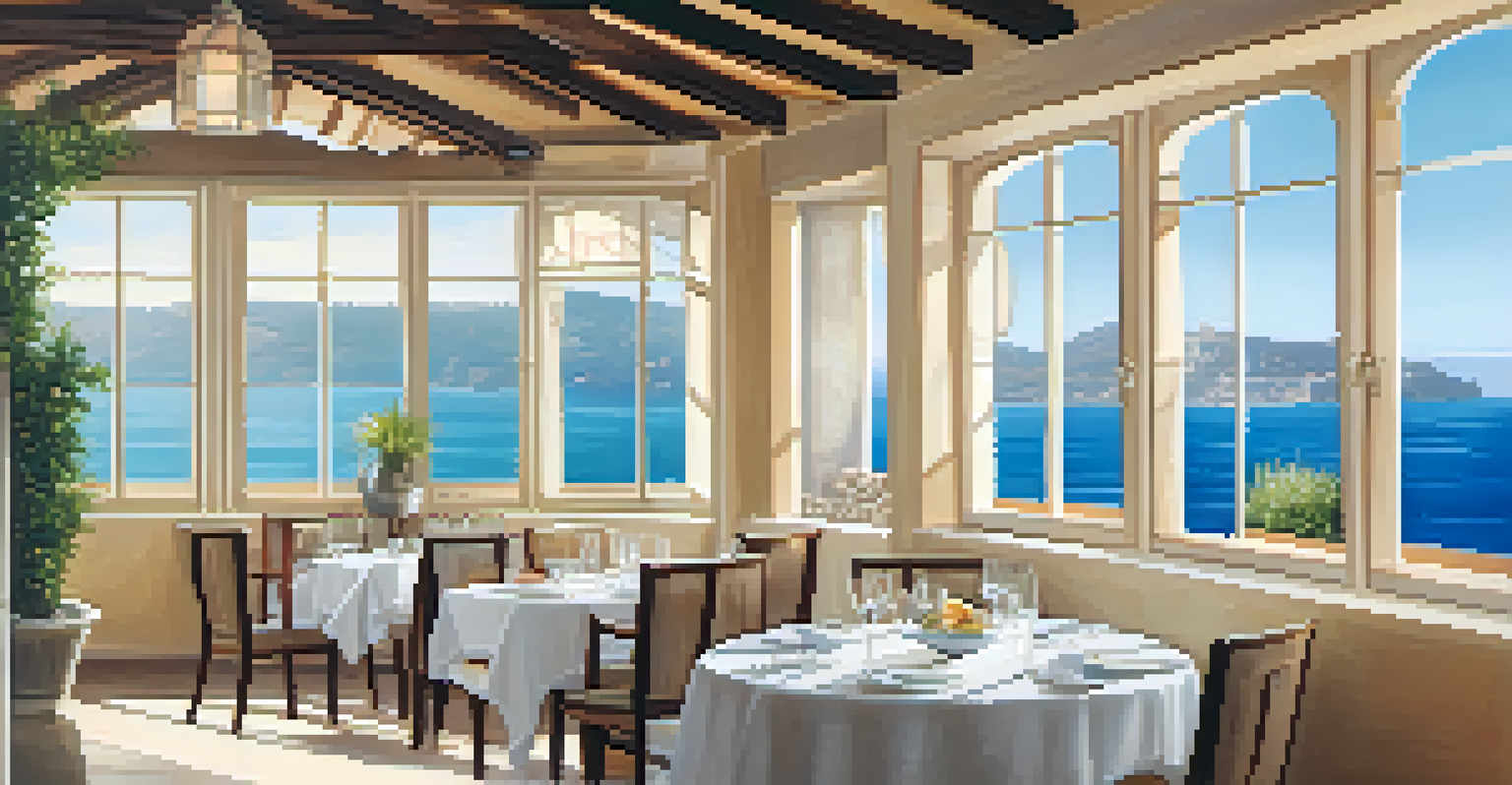 An elegant dining area in a spa resort with gourmet dishes and a view of the Mediterranean Sea.