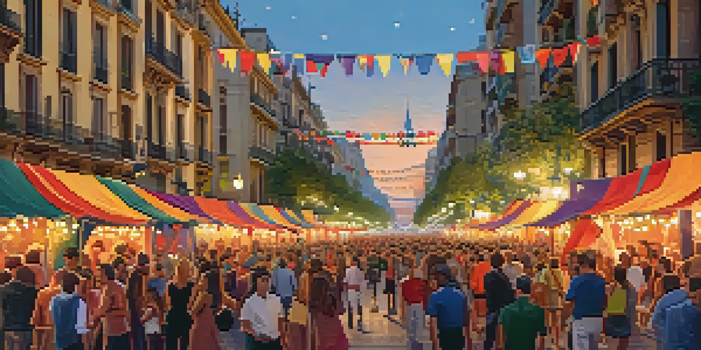 A lively street in Barcelona during the Fiesta de la Mercè, filled with people enjoying the festival, surrounded by colorful decorations and performers in traditional attire.