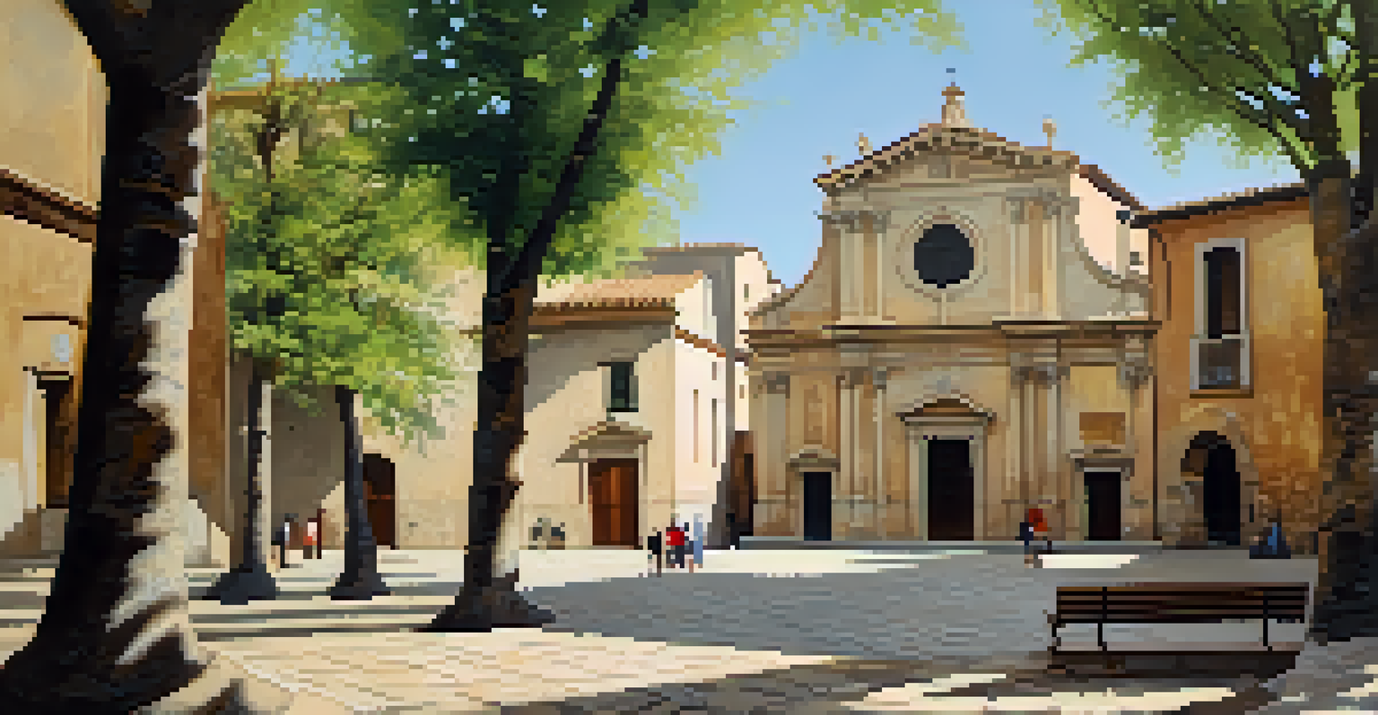 A tranquil corner in Plaça Sant Felip Neri with a baroque church and dappled sunlight.