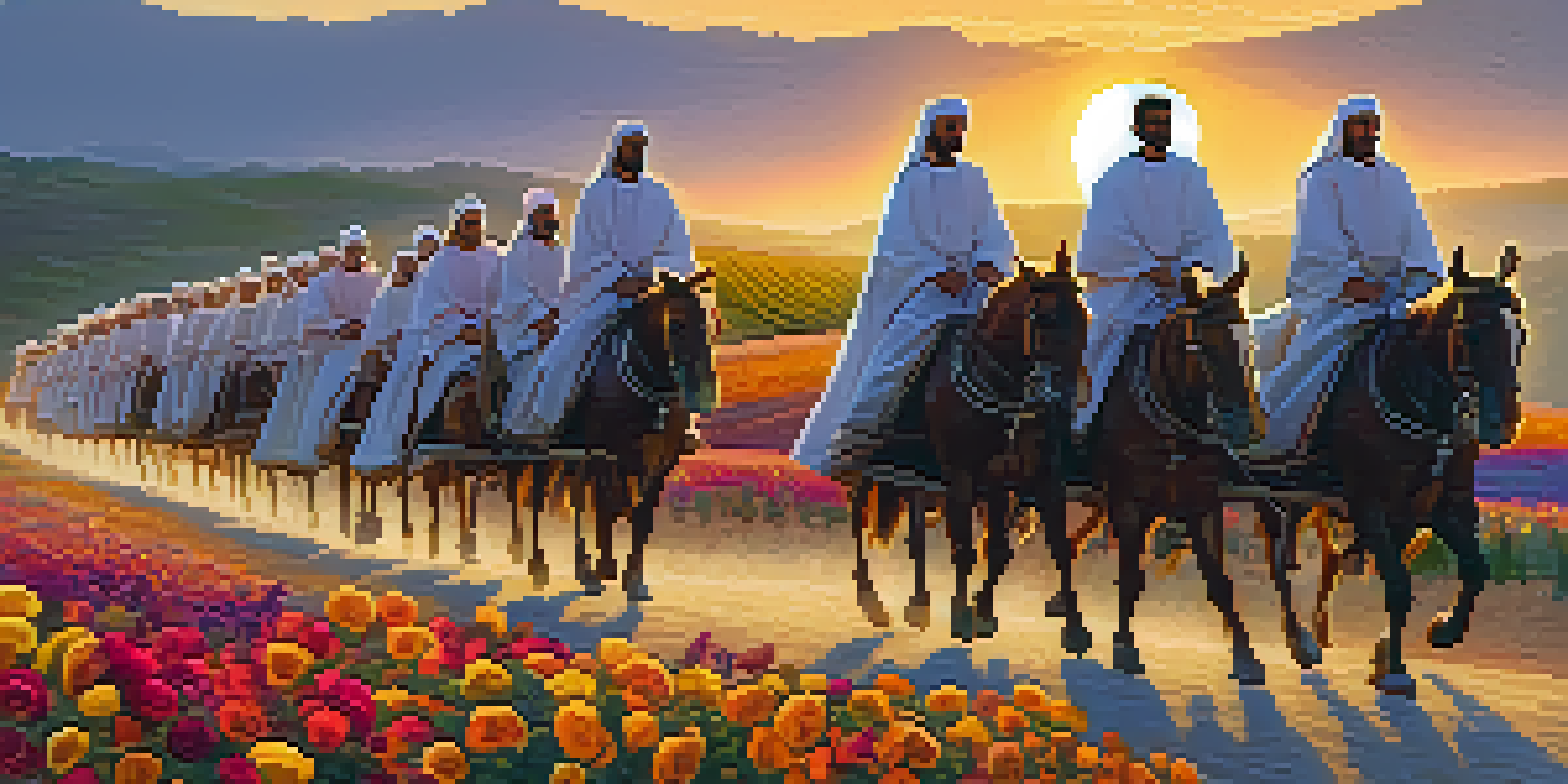 A group of pilgrims in traditional clothing walking with decorated wagons during the Romería del Rocío pilgrimage at sunset.