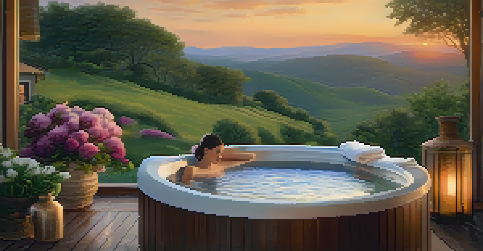 A luxurious spa with a hot tub and a view of rolling hills during sunset, surrounded by greenery and flowers.