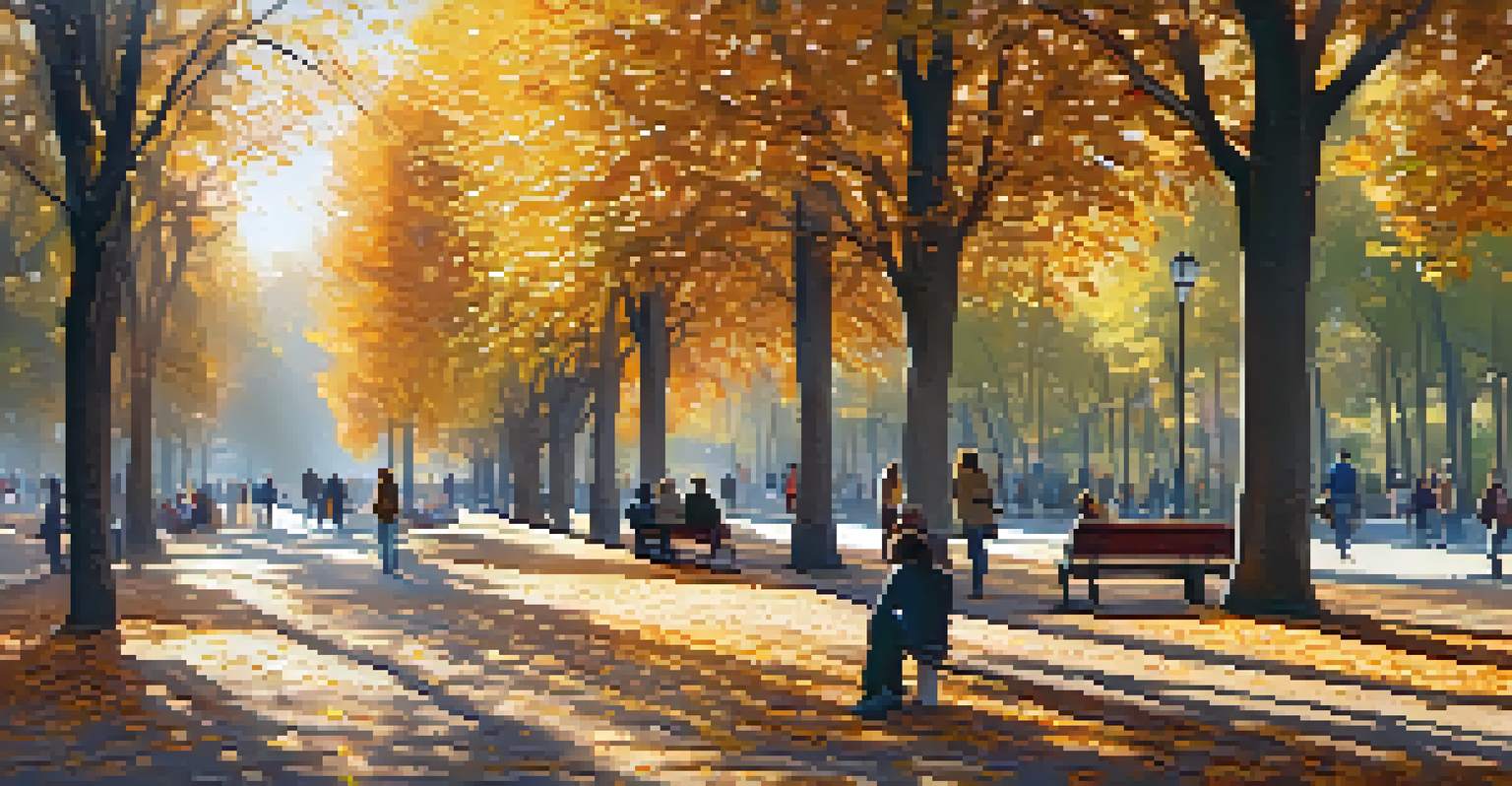 A peaceful autumn scene in Parque Forestal, Santiago, with golden leaves, people reading, and sunlight filtering through trees.
