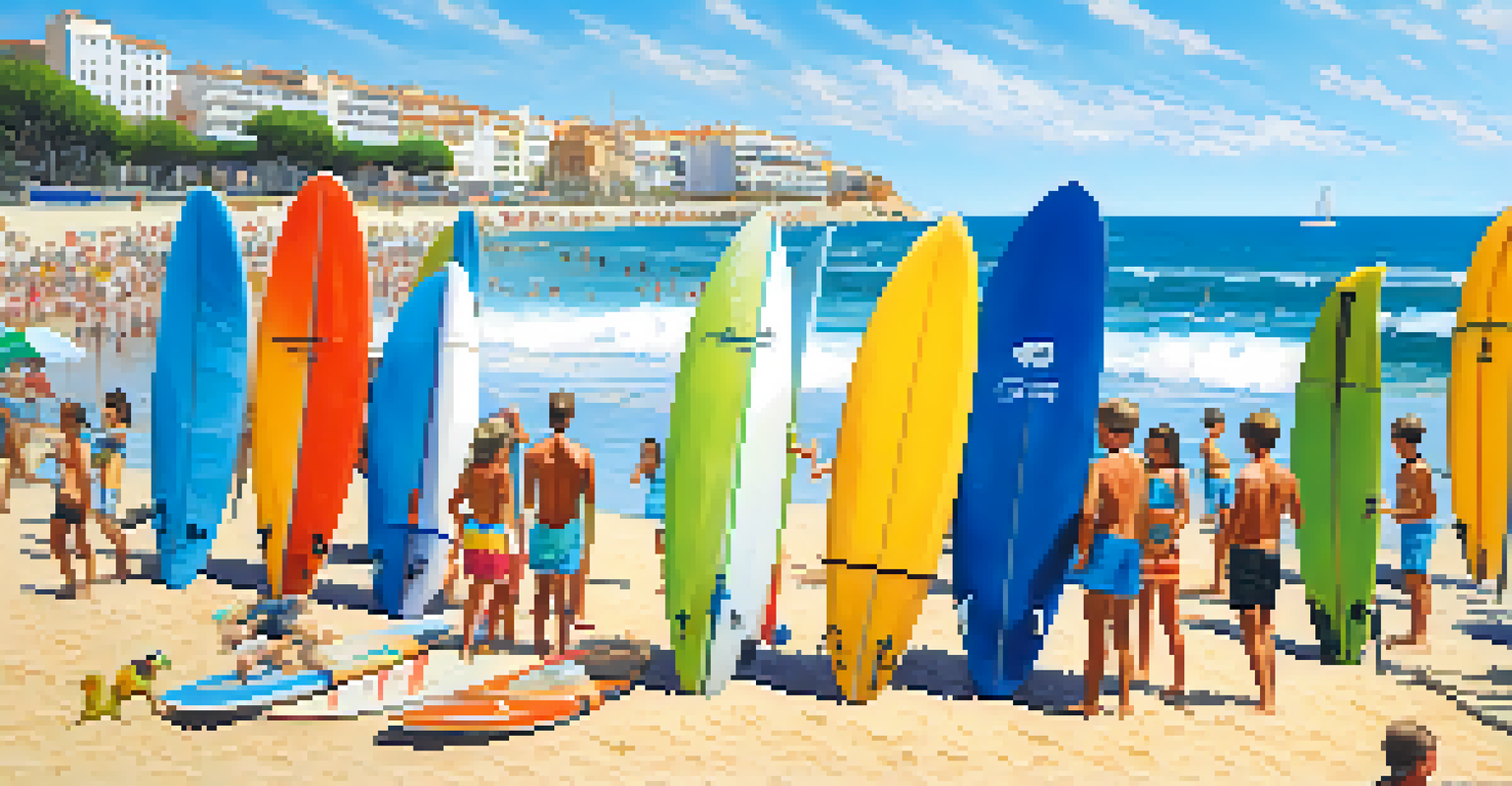 A busy surf school in Sitges with beginners learning to surf, instructors guiding, and a lively beach scene.