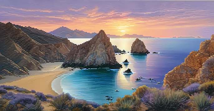 A stunning coastal view of Cabo de Gata-Níjar Natural Park at sunset, featuring volcanic cliffs and clear waters.